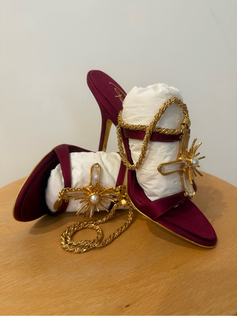 Roberto Cavalli Burgundy Satin Heeled Sandals with Gold Chain & Jewel Accent